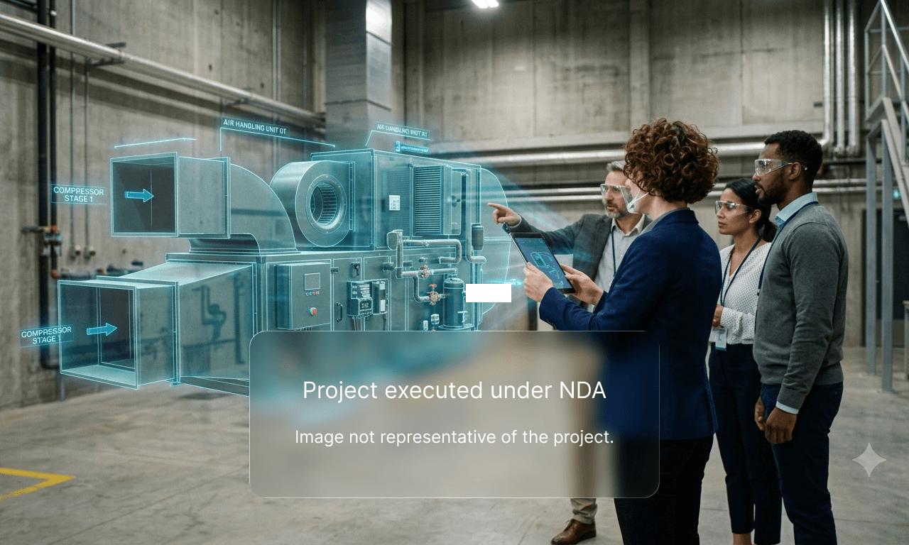 Engineers reviewing an augmented reality (AR) 3D model of an HVAC industrial unit in a factory, with a translucent NDA disclaimer overlaid in the foreground.