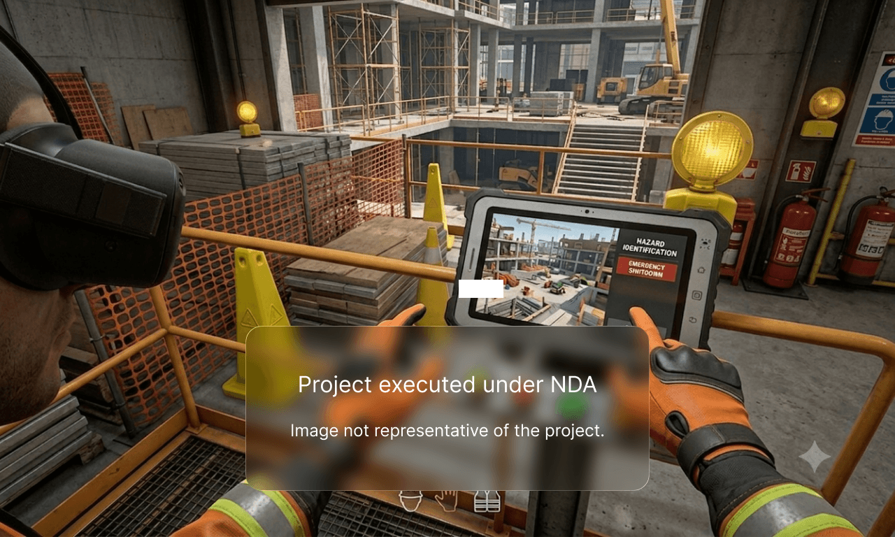 First-person view of a construction worker wearing a VR headset and safety gloves while holding a rugged tablet with hazard identification software, with an NDA disclaimer overlay.
